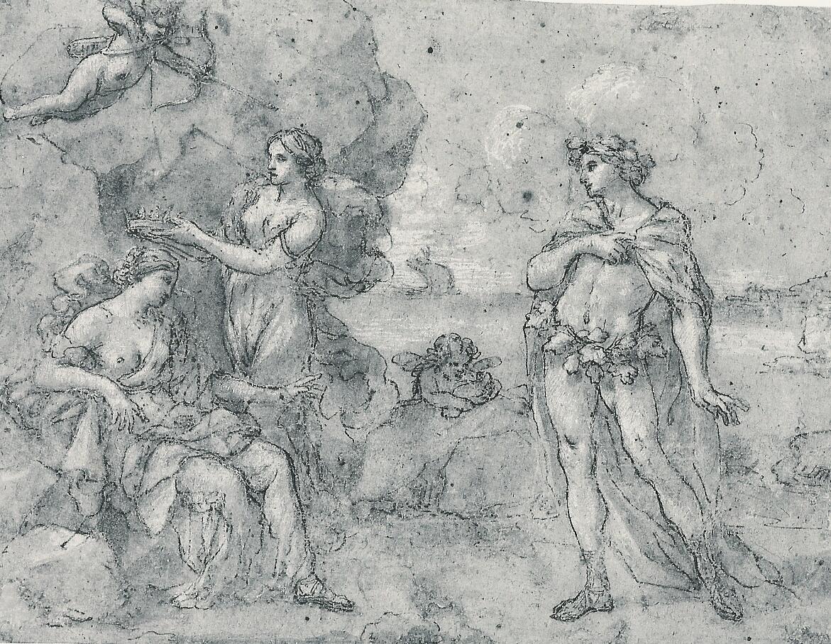 Giovanni Boulanger attr., Bacco e Arianna sull'isola di Nasso, 1650-1660, disegno a matita, penna, acquarello, biacca su carta, Palazzo Mosca-Musei Civici, 1100206181