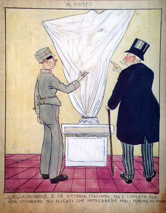 Fig. 2: Disegno al carboncino e acquarello di Raffaello Jonni, 1916. Disegno satirico raffigurante il custode di un museo che mostra ad un visitatore la statua della vittoria italiana nascosta da un telo: “quella, signore, è la vittoria italiana; ma è coperta per non offendere gli alleati, che potrebbero farci morire di fame”.