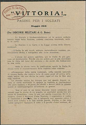 Fig. 1: "Vittoria!", pagine per i soldati, Maggio 1918. Sul foglio si sostiene che “la guerra ci ha insegnato o riinsegnato tangibilmente due cose anzitutto, che siamo una nazione e che c’è prima d’ogni altro, l’interesse di questa nazione da tutelare per noi”.