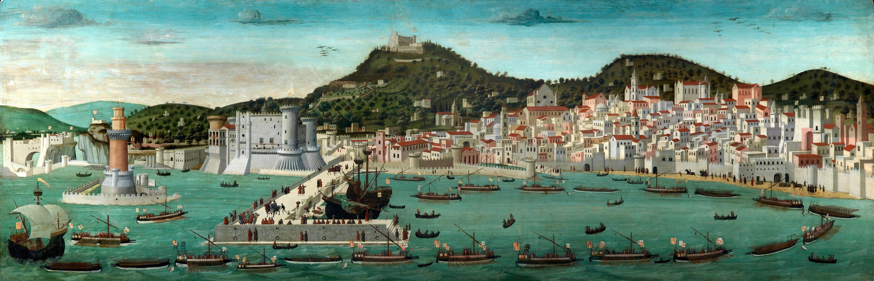 Rosselli, Francesco (attribuito), Tavola Strozzi, veduta della città di Napoli in Italia dal mare (Vittoria navale di Alfonso V d'Aragona su Giovanni d'Angiò), Museo di San Martino, Napoli, Italia, 1472