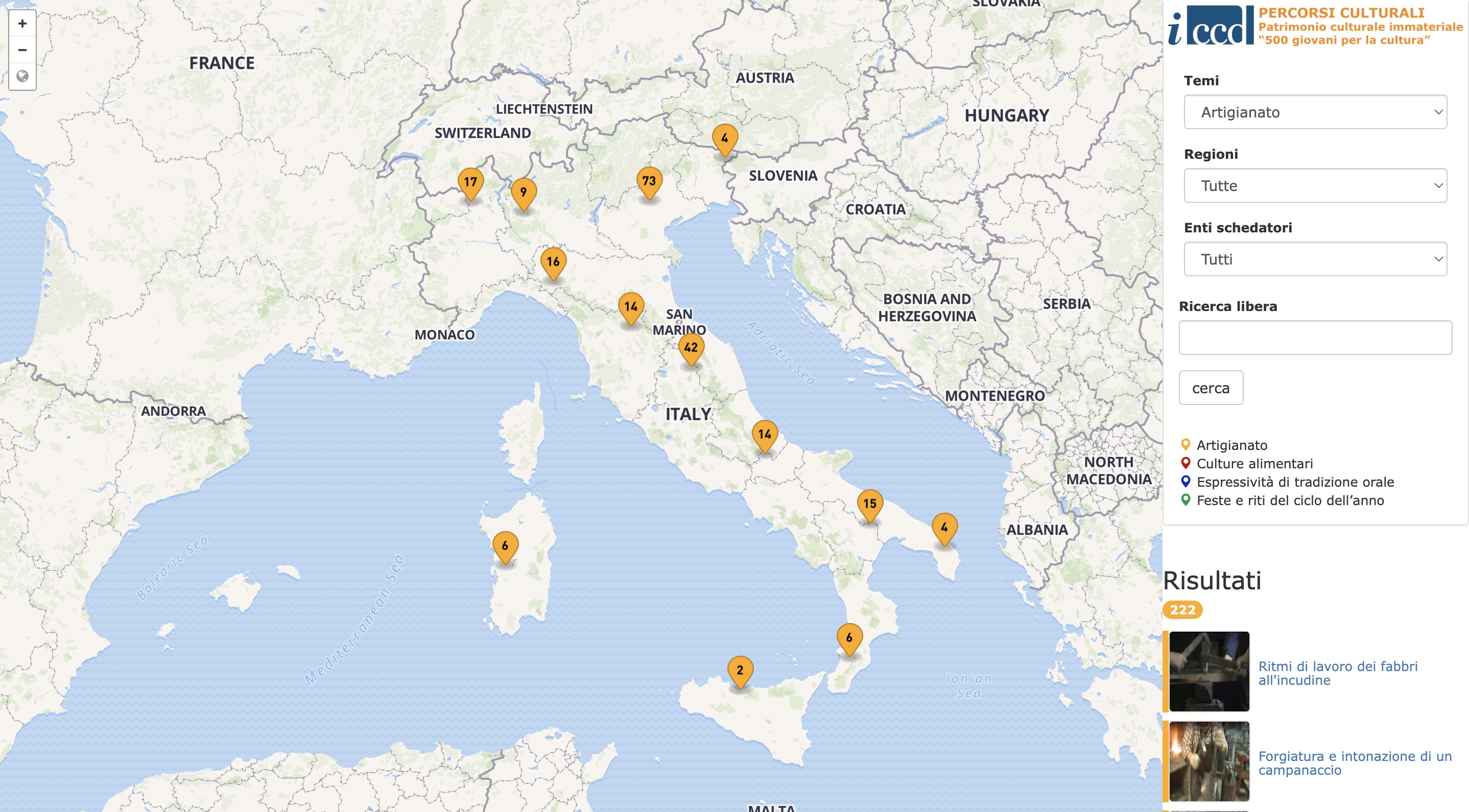 Screenshot tratto dal sito ICCD, Percorsi Culturali, Patrimonio culturale immateriale, programma "500 giovani per la cultura"