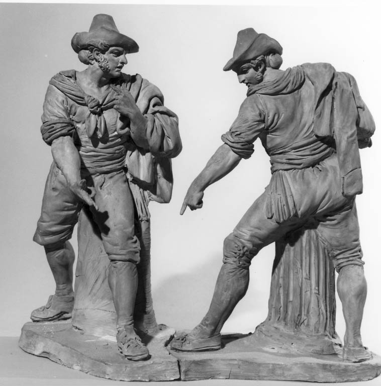 Bartolomeo Pinelli, La morra. figura di uomo che segna il tre con le dita, 1834, terracotta, 16x42x46 cm, Museo di Roma, 1200709830A