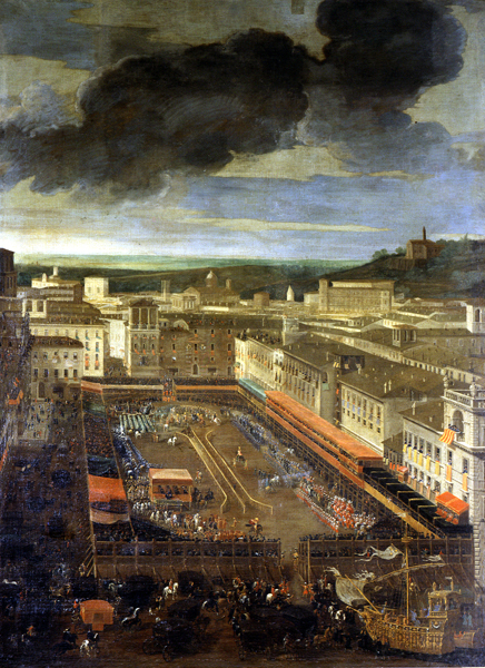 Andrea Sacchi, Filippo Gagliardi, Vincent Leckerbetien, Giostra del Saracino a Piazza Navona nel Carnevale del 25 febbraio 1634, 1634-1644, olio su tela, 300x220 cm, Museo di Roma