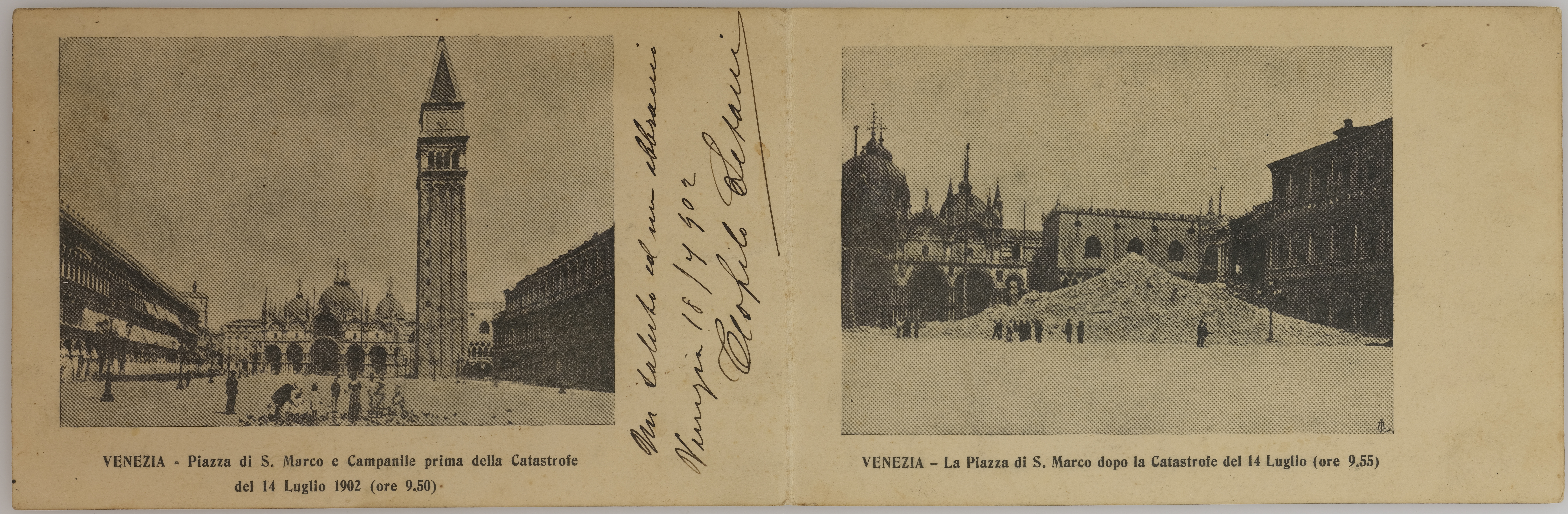 Fotografo non identificato, IAZZA SAN MARCO E CAMPANILE PRIMA E DOPO LA CATASTROFE DEL 14 LUGLIO 1902, gelatina ai sali d'argento, N082963