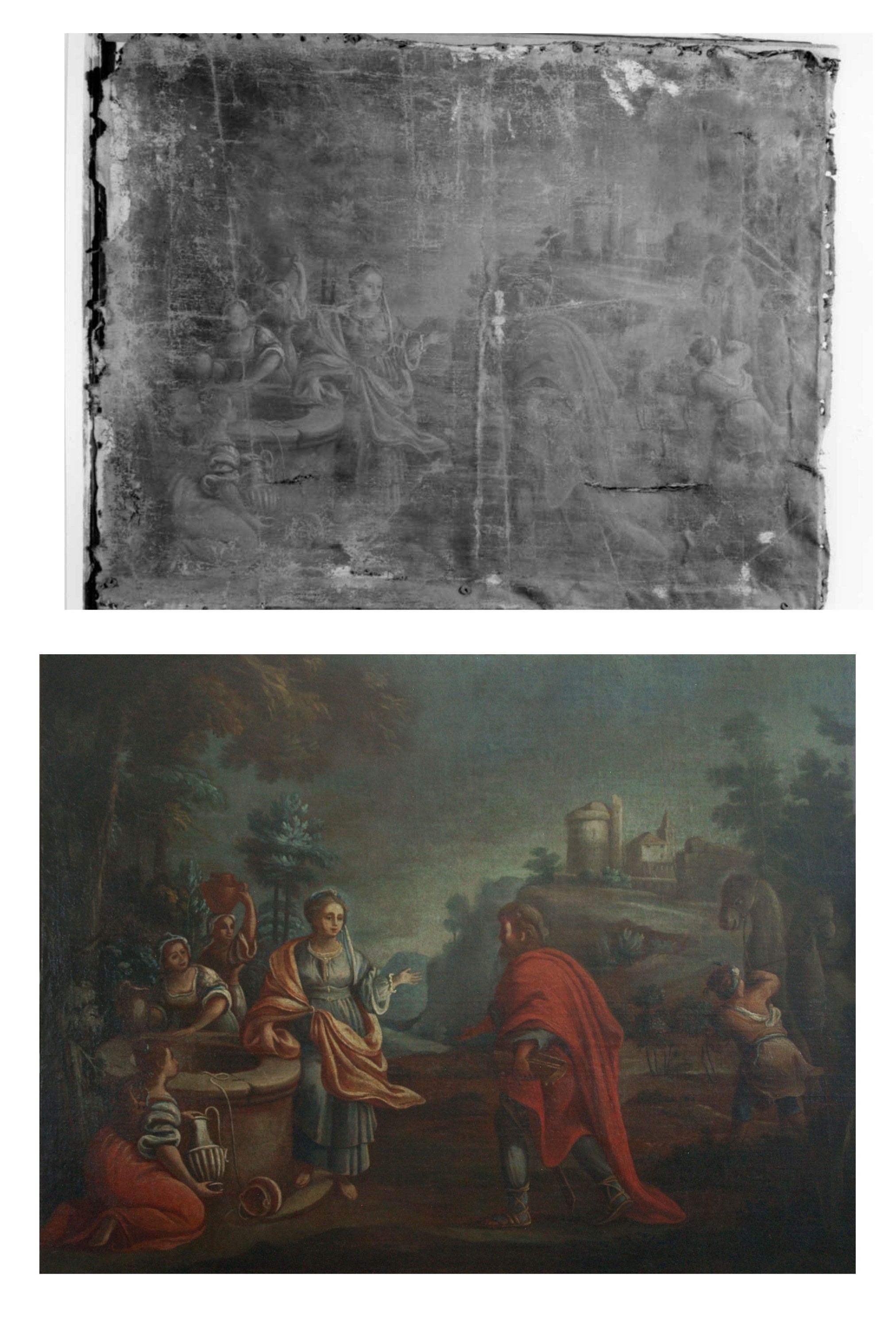 Autore emiliano-romagnolo, Rebecca al pozzo, prima metà del XVIII secolo, olio su tela, cm 69x90 ca., Forlì, Istituto Prati, 0800052312 (prima e dopo il restauro)