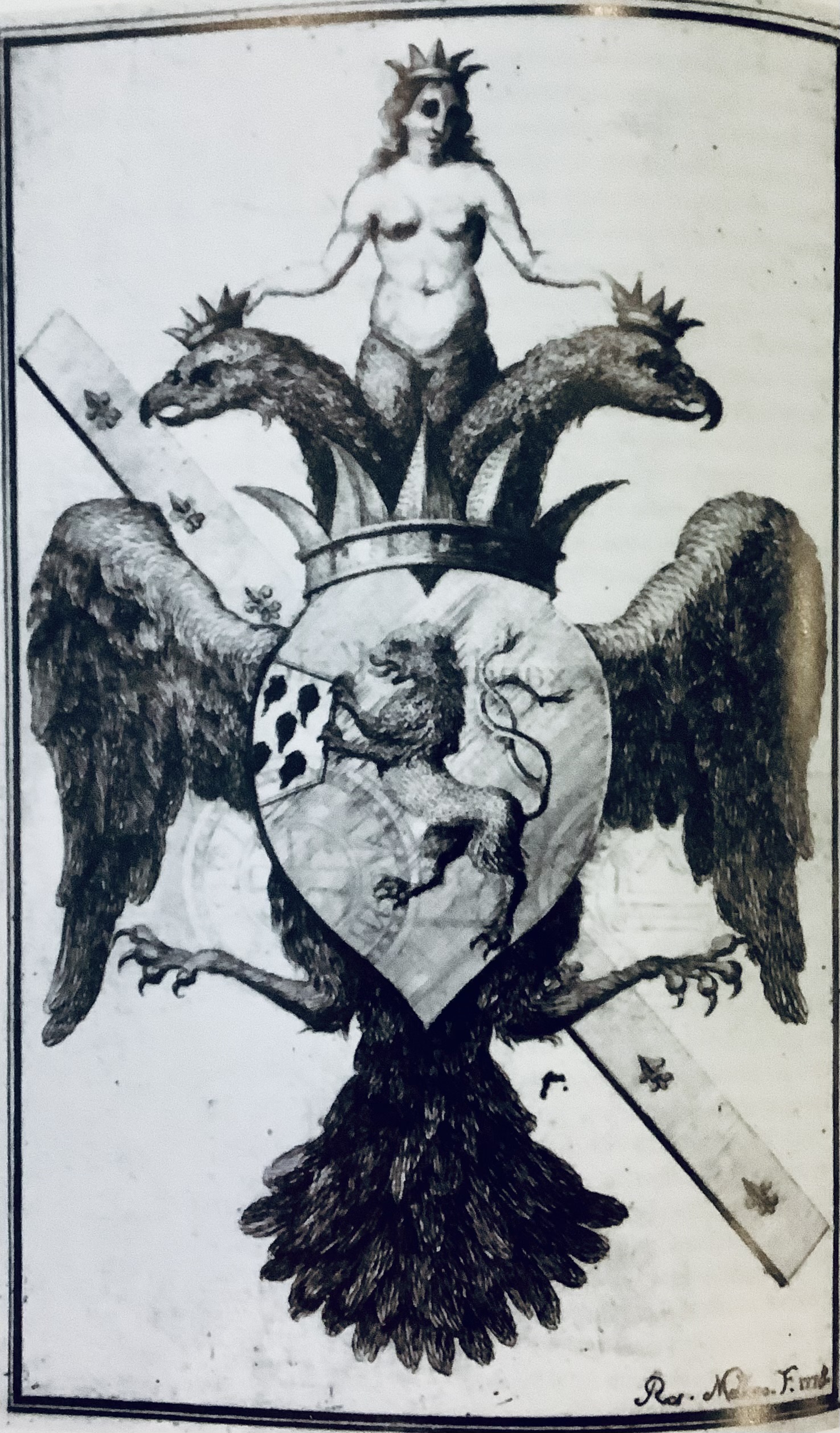 Kalefati, Alessandro Maria, Impresa araldico-allegorica con aquila bicipite e figura femminile, stemma della famiglia Monforte, da La Dissertazione istorico-critica della famiglia Monforte dei conti di Campobasso, incisione calcografica su carta, 1778, Napoli
