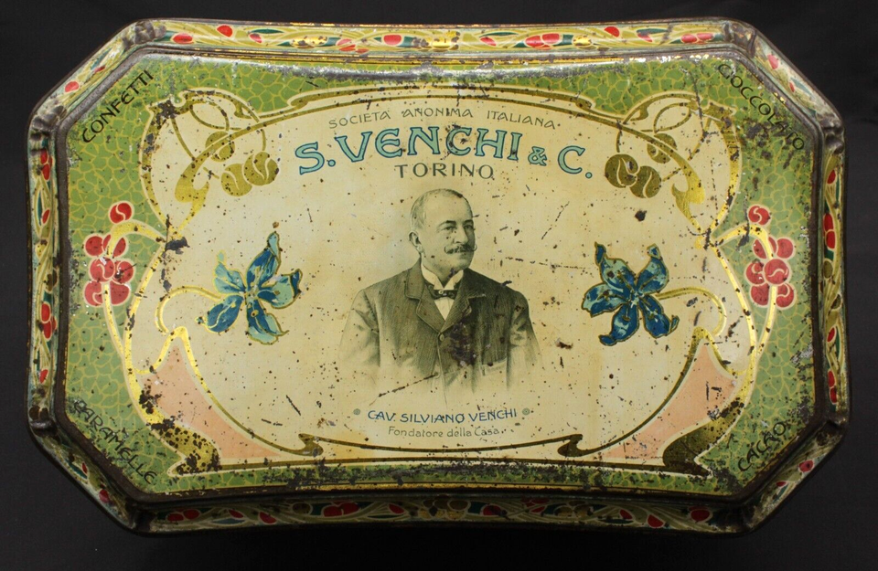 Antica Rara Scatola Latta Pubblicità Caramelle Venchi Torino Padre Fondatore